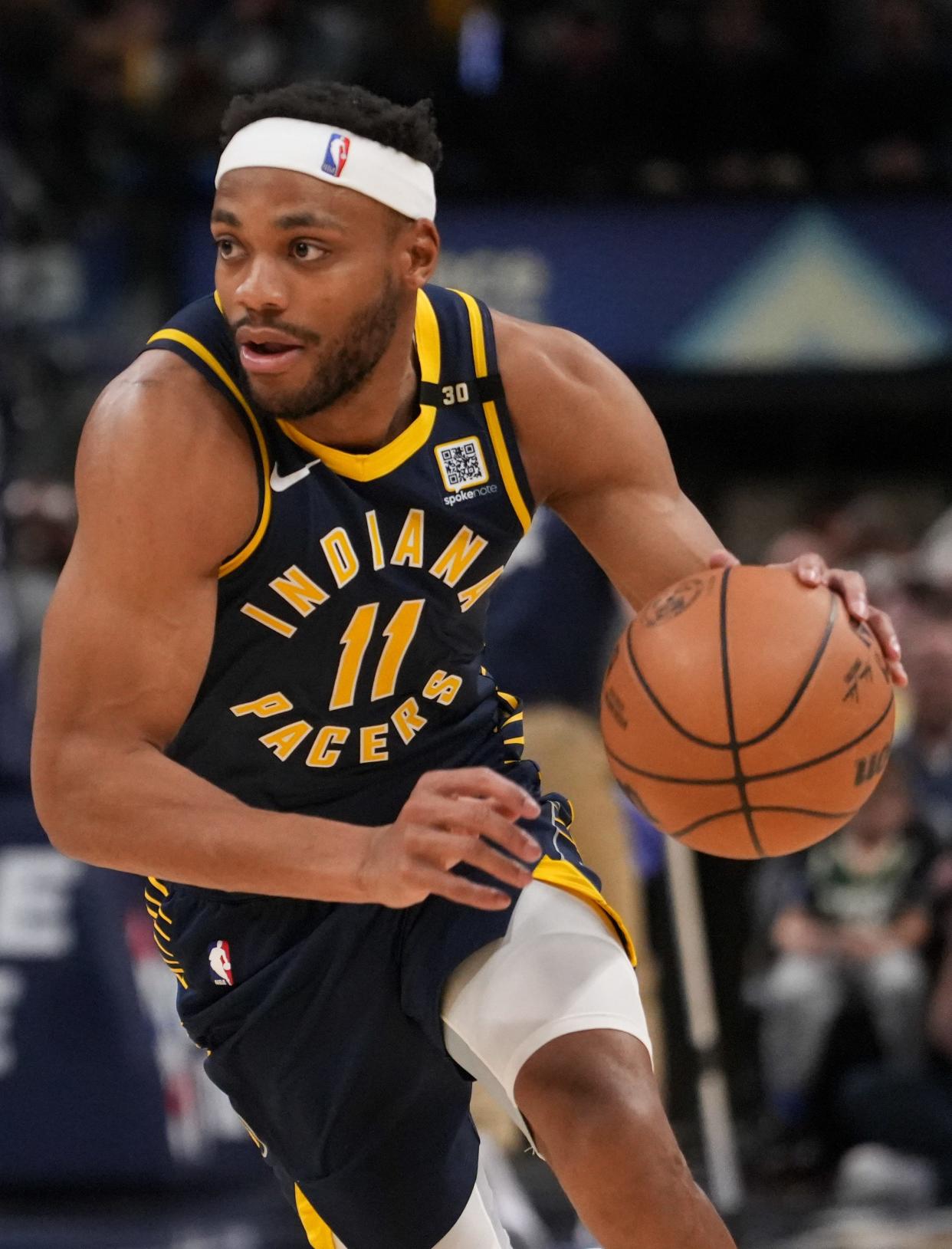 Indiana Pacers forward Bruce Brown (11) takes the ball down the court during the game between Indiana Pacers and Milwaukee Bucks Wednesday, Jan. 3, 2024, at Gainbridge Fieldhouse in Indianapolis. Pacers beat Bucks 142-130.