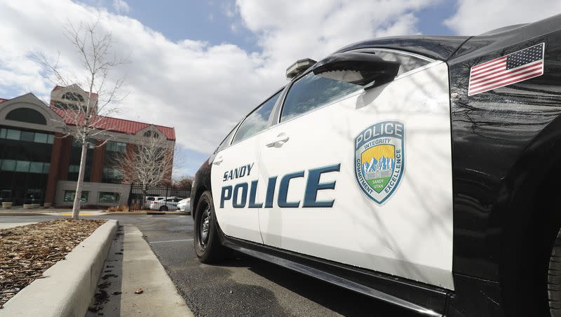 The Sandy police vehicle is pictured in the parking lot of the police station on March 8, 2020.