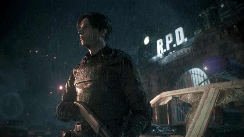 Leon S. Kennedy stands in front of the Racoon City Police Department while holding a shotgun.