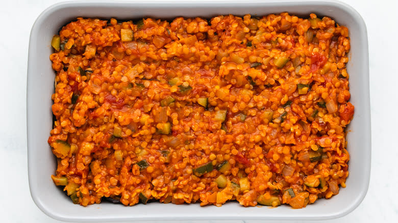 Lentil moussaka in baking dish