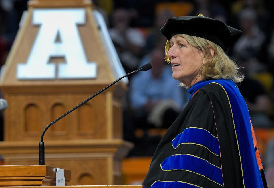 President Noelle Cockett speaks during Utah State University’s commencement ceremony on Thursday, May 4, 2023, in Logan, Utah. | Eli Lucero, Herald Journal