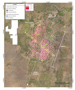 Sabali South Plan Map with Drillholes, Downhole Grade Profiles (min. 0.3g/t Au, Pre-PFS Pit Shell), Section A-B Location and Locations of Selected Drillholes with Significant Intercepts (1-9).