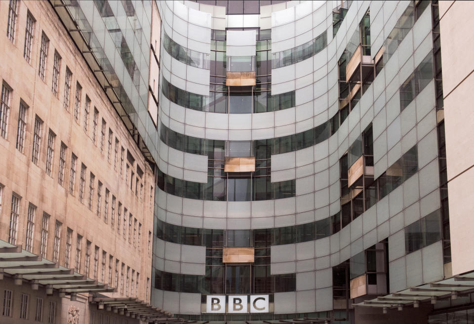 detail of the modern section of the Broadcasting House, headquarters of the BBC, with signage, in downtown London, England