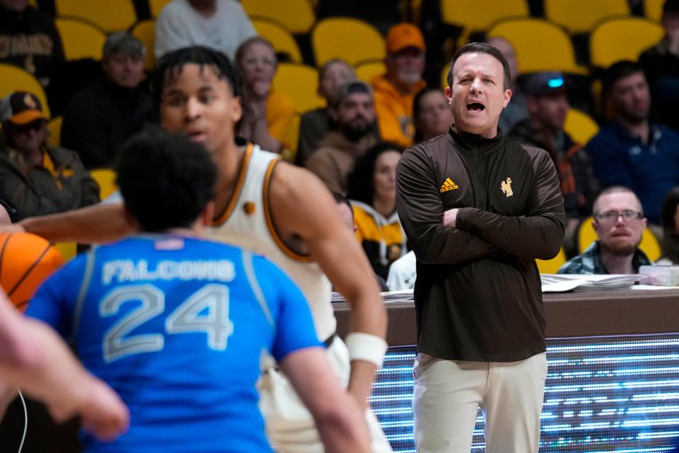 Wyoming Cowboys head coach Jeff Linder reacts against the Air Force Falcons during the second half at Arena-Auditorium.