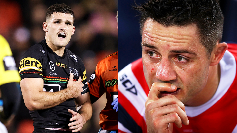 Nathan Cleary injured and Cooper Cronk watches on.