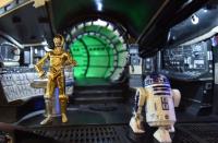 C-3PO (left) and R2-D2 figures inside a cutaway model of the Millennium Falcon at Rancho Obi-Wan in Petaluma, California, on November 24, 2015