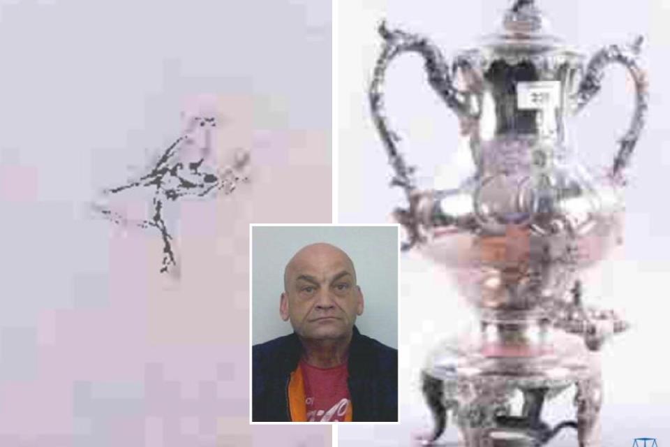 The Tracey Emin drawing; Martin Bateman's custody shot; and a silver hot water urn Pictures: CPS. Thames Valley Police <i>(Image: Thames Valley Police, CPS)</i>