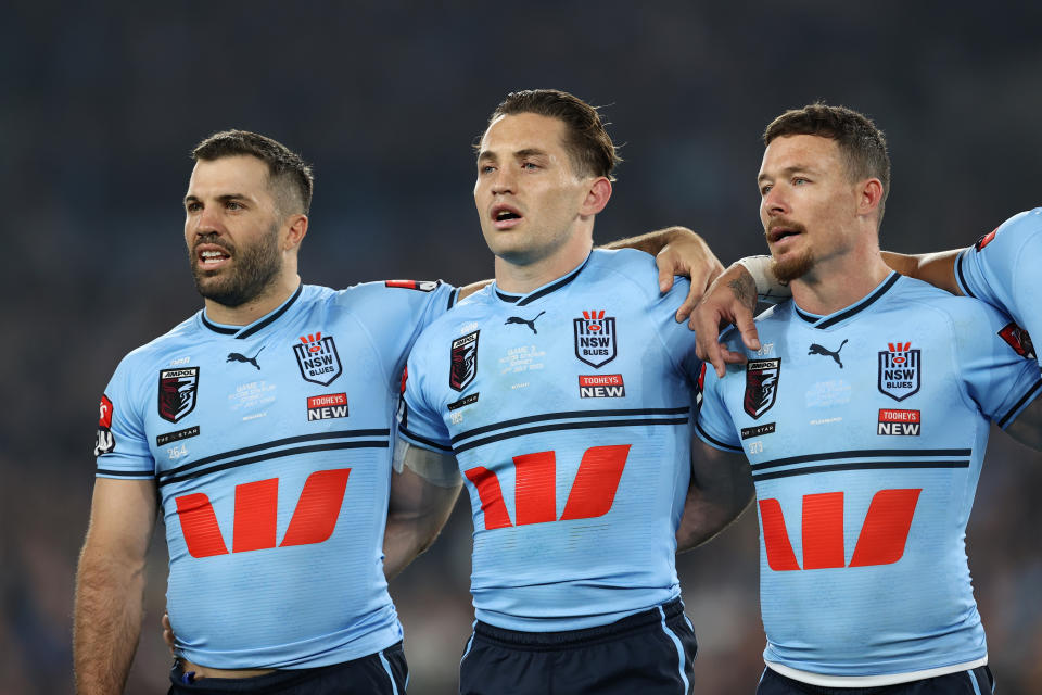 James Tedesco, Cameron Murray, and Damien Cook line-up for the Blues.