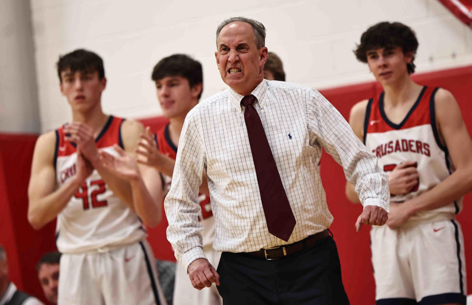 St. Henry head coach Dave Faust reacts during their 61-57 win over Newport Central Catholic in the All 'A' Classic Tuesday, Jan. 10, 2023.