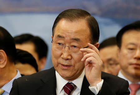 Former U.N. chief Ban Ki-moon speaks during a news conference upon his arrival at the Incheon International Airport in Incheon, South Korea, January 12, 2017. REUTERS/Kim Hong-Ji