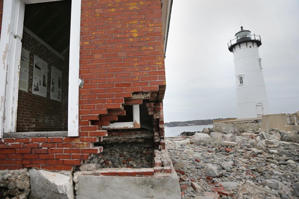 The old oil house near the Portsmouth Harbor Lighthouse in New Castle was heavily damaged in two January 2024 storms.