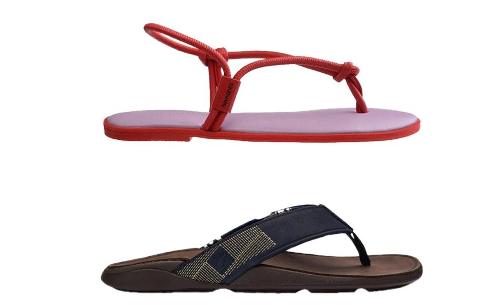 Women: Una Açai sandals, £45, Havaianas havaianas-store.com;  Men's: Tuahine waterproof sandals, £105, OluKai olukai.co.uk