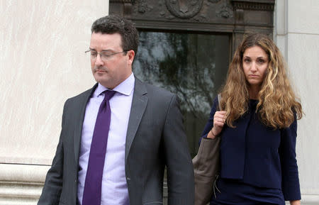 Former Jefferies Group bond trader Jesse Litvak walks away from U.S. District Court with his wife Renee after his sentencing for defrauding customers on bond prices in New Haven, Connecticut, U.S., April 26, 2017. REUTERS/Michelle McLoughlin