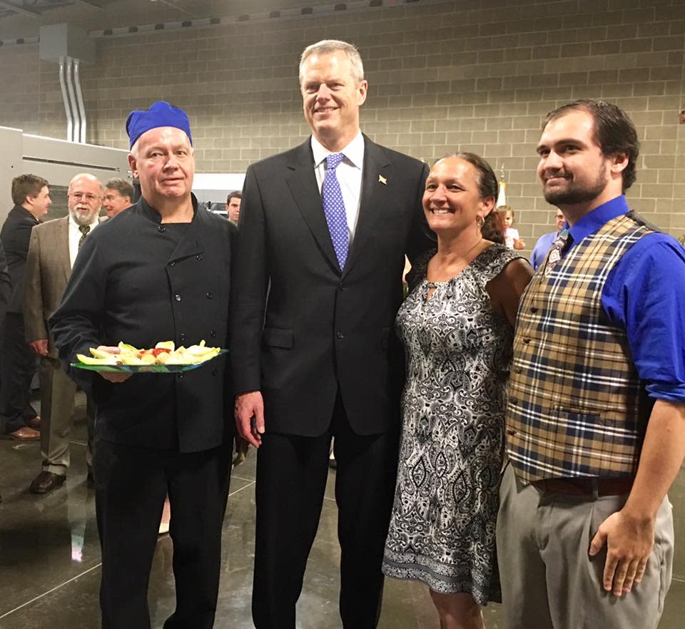 Catering for state function in Gardner.  L-R: Craig, Gov. Charlie Baker, Jean, and Ryan Twohey