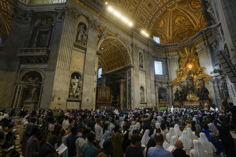 Pope Francis celebrates mass in St. Peter's Basilica for the Congolese community, at the Vatican, Sunday, July 3, 2022. (AP Photo/Andrew Medichini)