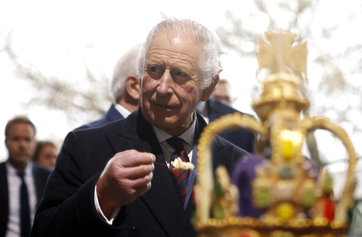 Britain’s King Charles III visits the Brodowin eco-village in Chorin on March 30, 2023 in Brandenburg, Germany (Getty Images)