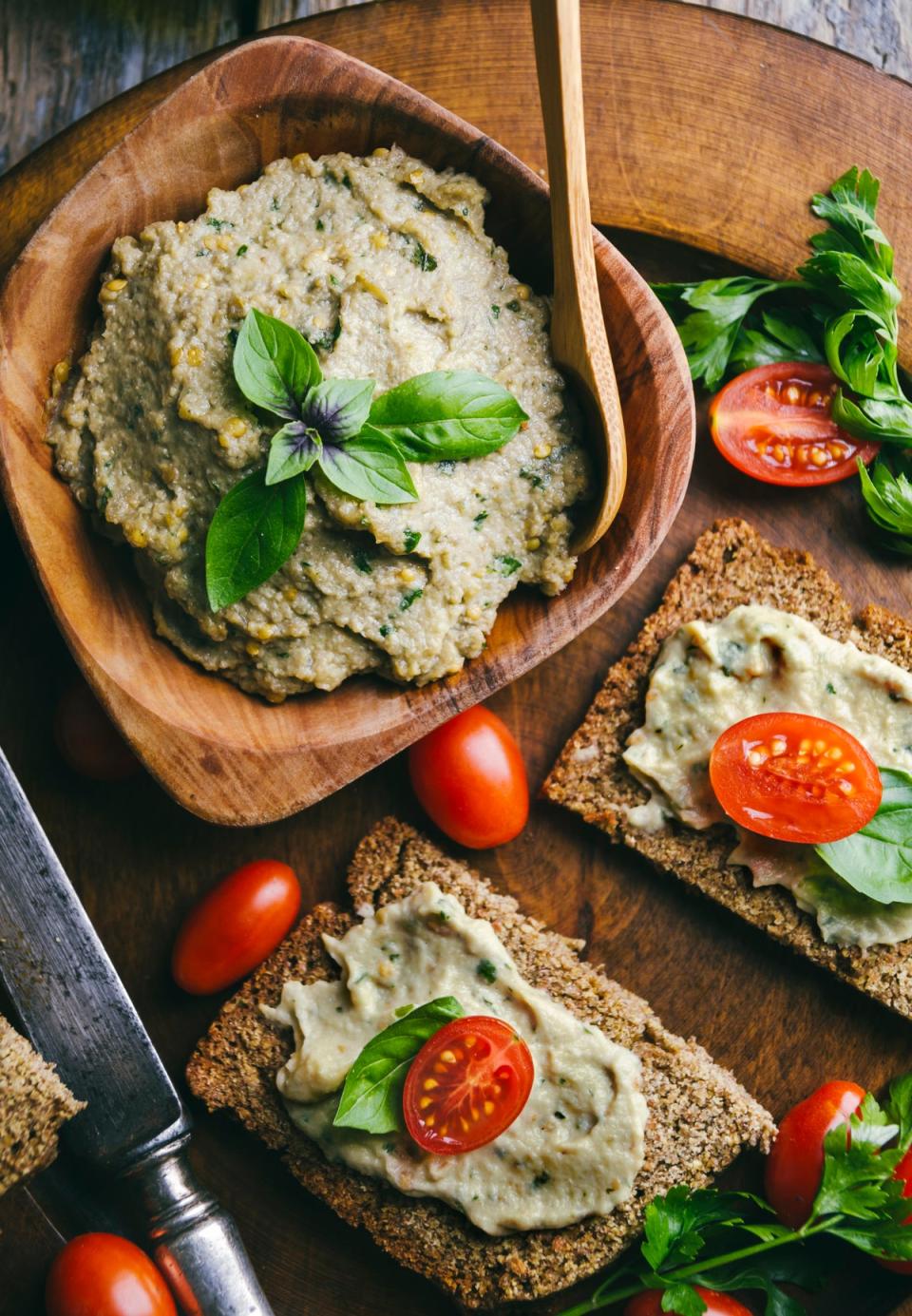 Buy fresh lavash or pita at a local market to enjoy this delicious aubergine spread and Turkish-style tomato salad (Getty/iStock)