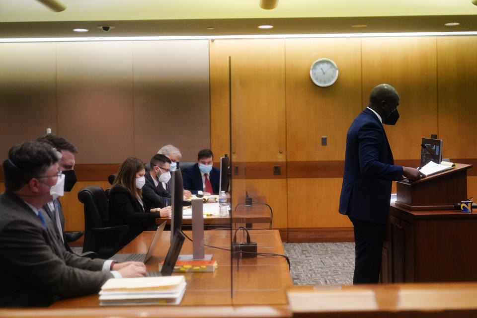 Attorney Uzoma Nkwonta speaks in a Fulton County Courthouse on Friday, Nov. 18, 2022, in Atlanta. A lawsuit was filed by the Democratic Party of Georgia, Democratic Senatorial Campaign Committee and the Warnock campaign that challenges guidance by Republican Secretary of State Brad Raffensperger, saying that it would be illegal to hold early voting on Saturday, Nov. 26, the day after a state holiday. (AP Photo/Brynn Anderson)