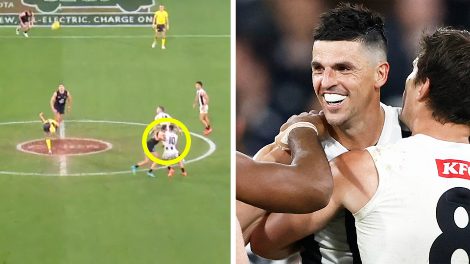 Scott Pendlebury fights for the ball and Pendlebury celebrates.