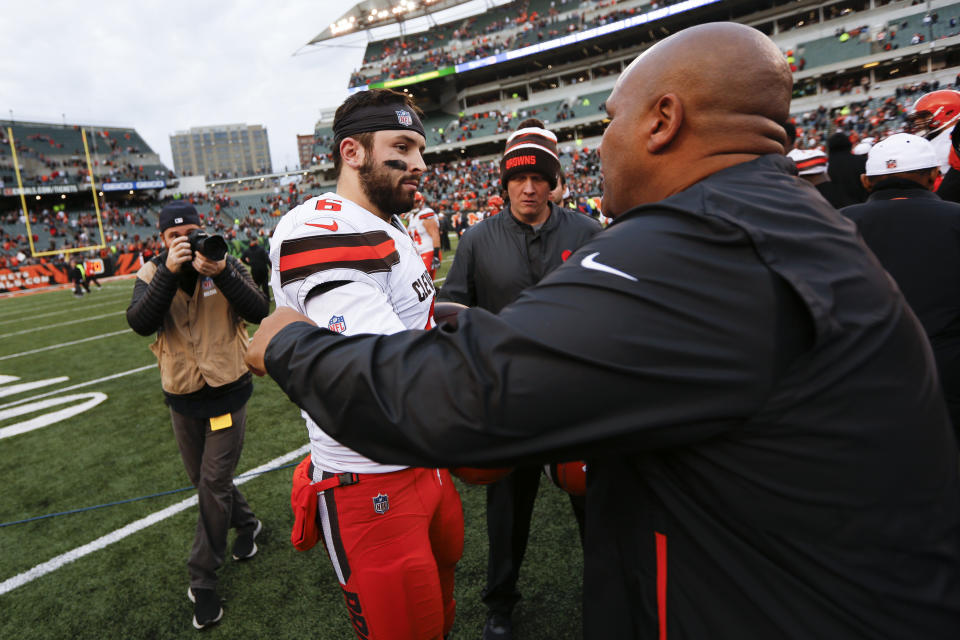 Baker Mayfield was less than warm with his reception to Hue Jackson the last time the Bengals and Browns met. (AP)