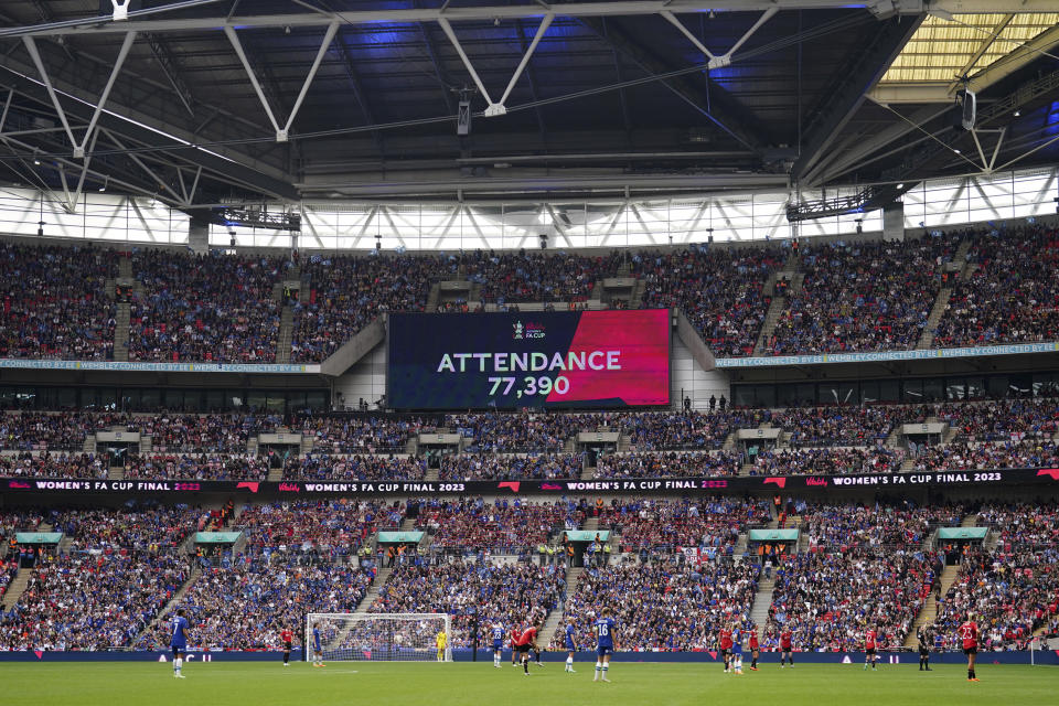 A general view of the big screen showing a record-breaking attendance of 77,390 fans during the Vitality Women's FA Cup final at Wembley Stadium, London, Sunday May 14, 2023. A world record crowd of 77,390 watched Chelsea beat Manchester United 1-0 in the Women’s FA Cup final at Wembley on Sunday. (Mike Egerton/PA via AP)