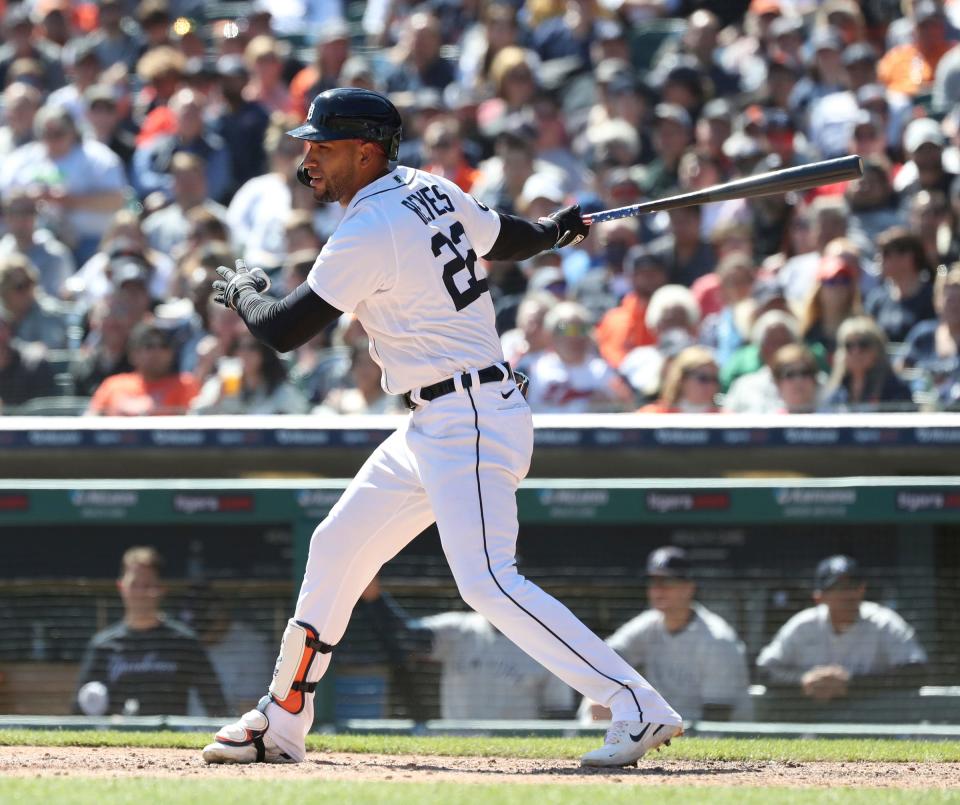 Detroit Tigers outfielder Victor Reyes bats against the New York Yankees during the eighth inning Thursday, April 21, 2022 at Comerica Park.