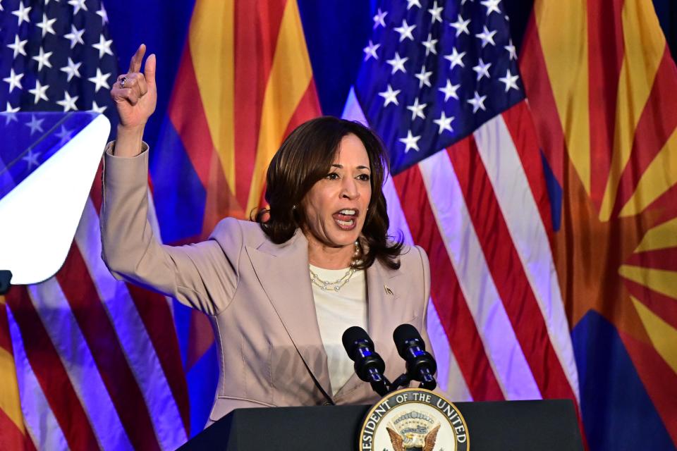 Vice President Kamala Harris speaks on reproductive freedom at El Rio Neighborhood Center in Tucson, Arizona, on April 12, 2024. The top court in Arizona on April 9, 2024, ruled a 160-year-old near total ban on abortion is enforceable, thrusting the issue to the top of the agenda in a key US presidential election swing state.