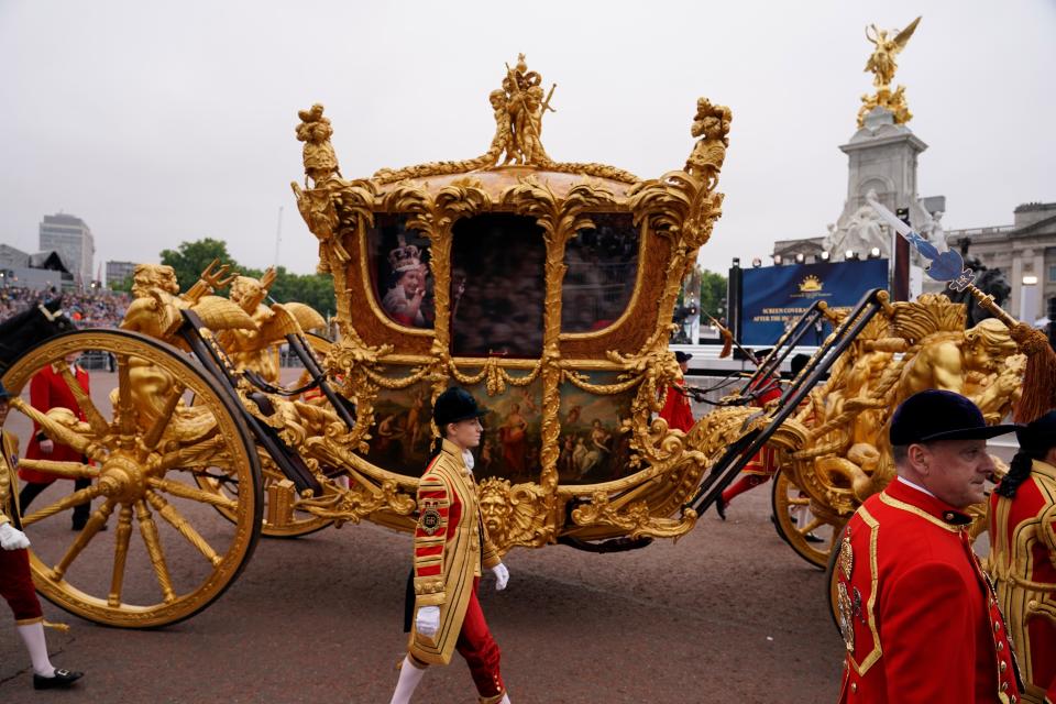 A hologram of Queen Elizabeth II was projected on the Gold State Coach during the Platinum Jubilee Pageant on June 5, 2022, in London.