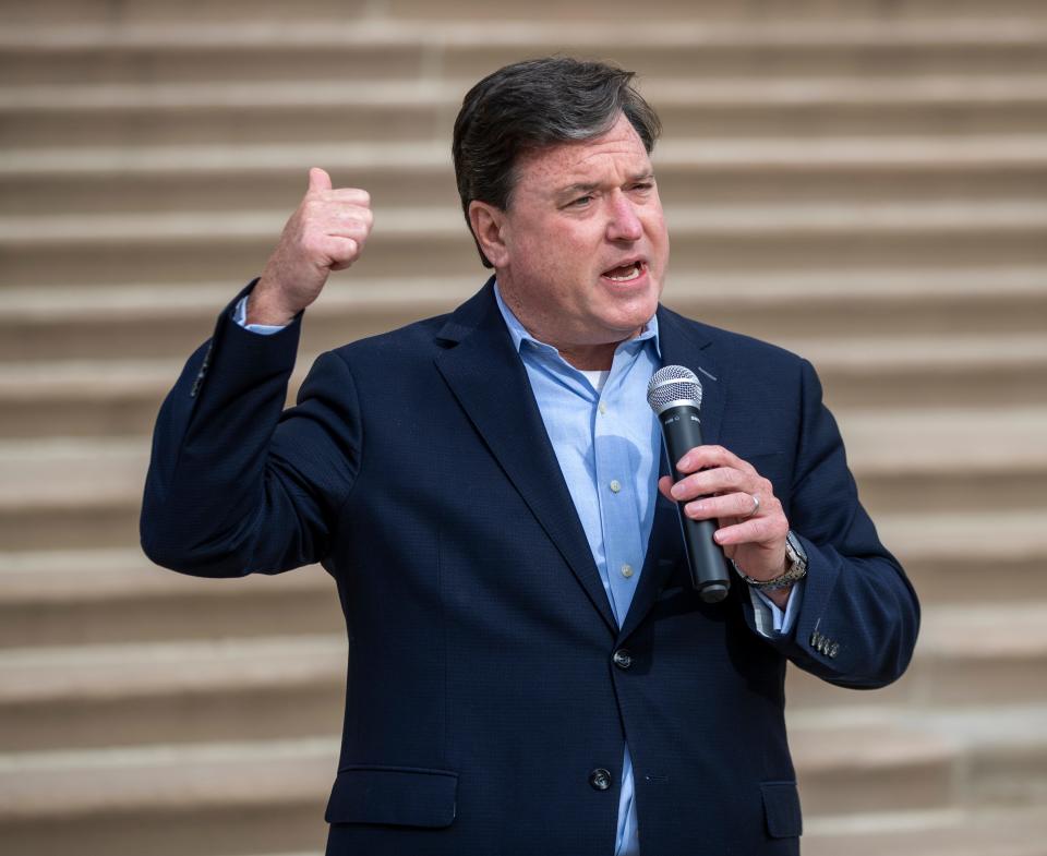 Indiana Attorney General Todd Rokita speaks to about 100 supporters at the Indiana Statehouse who are against government mask mandates, Tuesday, Nov. 16, 2021, during Organization Day. 