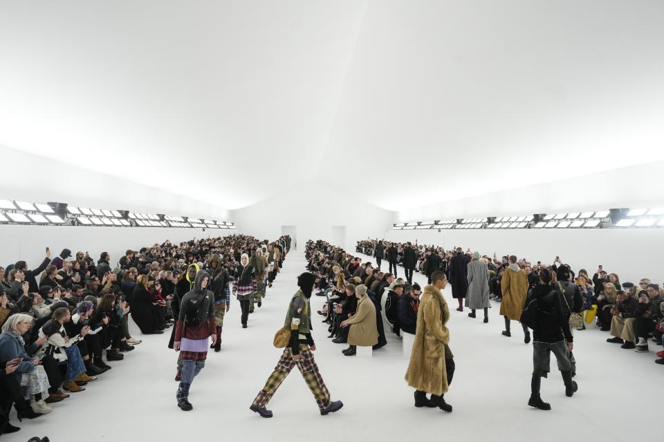 Models wear creations as part of the Givenchy menswear Fall-Winter 2023-24 collection presented in Paris, Wednesday, Jan. 18, 2023. (AP Photo/Thibault Camus)