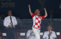 Soccer Football - World Cup - Final - France v Croatia - Luzhniki Stadium, Moscow, Russia - July 15, 2018 President of Croatia Kolinda Grabar-Kitarovic celebrates after Croatia's first goal as President of France Emmanuel Macron and President of Russia Vladimir Putin look on REUTERS/Damir Sagolj