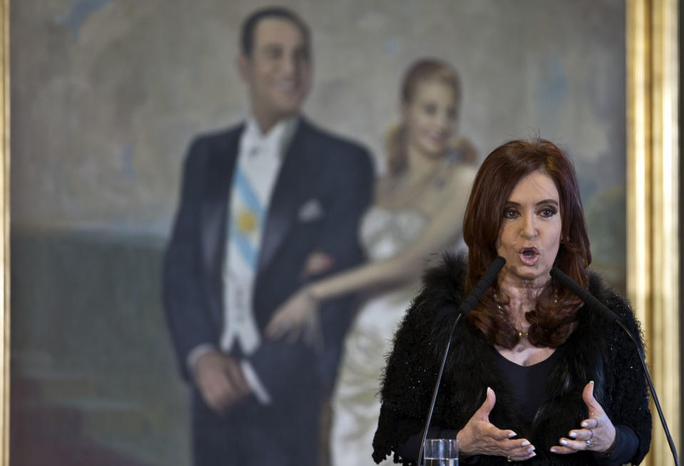 Argentina's President Cristina Fernandez announces the creation of a development center for the nation's audiovisual industry at the government house in Buenos Aires, Argentina, Wednesday, Aug. 29, 2012. Fernandez unveiled an ambitious new plan to support the country's television and film creators with a new industrial park along the capital's waterfront that she hopes will be modeled on Hollywood's studios. (AP Photo/Natacha Pisarenko)