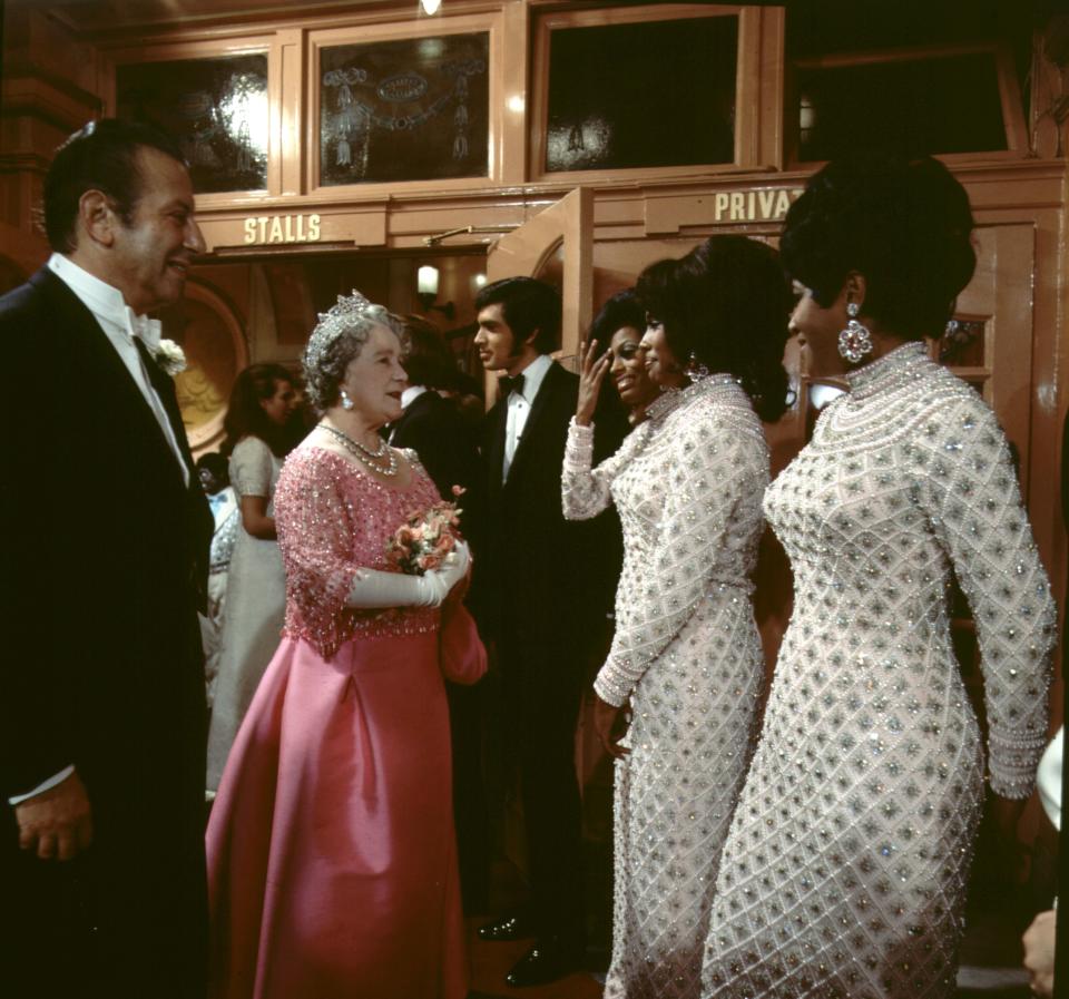 Diana Ross and The Supremes meeting The Queen Mother at the Royal Variety Performance in 1968. (Getty Images)