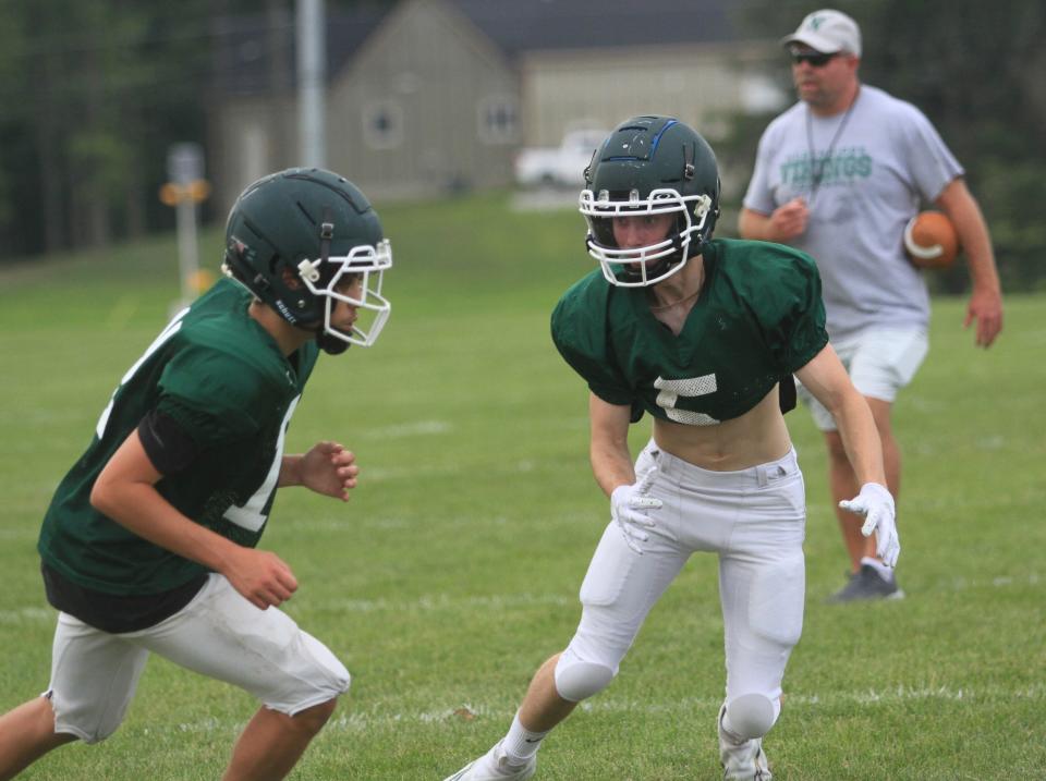 Josh Chestnut eyes the receiver in a secondary drill during a Northridge football team camp on Wednesday, July 26, 2023.
