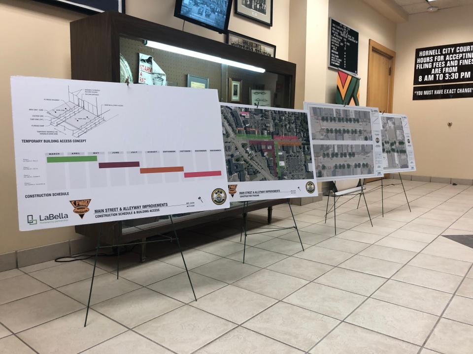 Large poster boards detailing Hornell's downtown streetscape project can be viewed during business hours in the City Hall lobby.