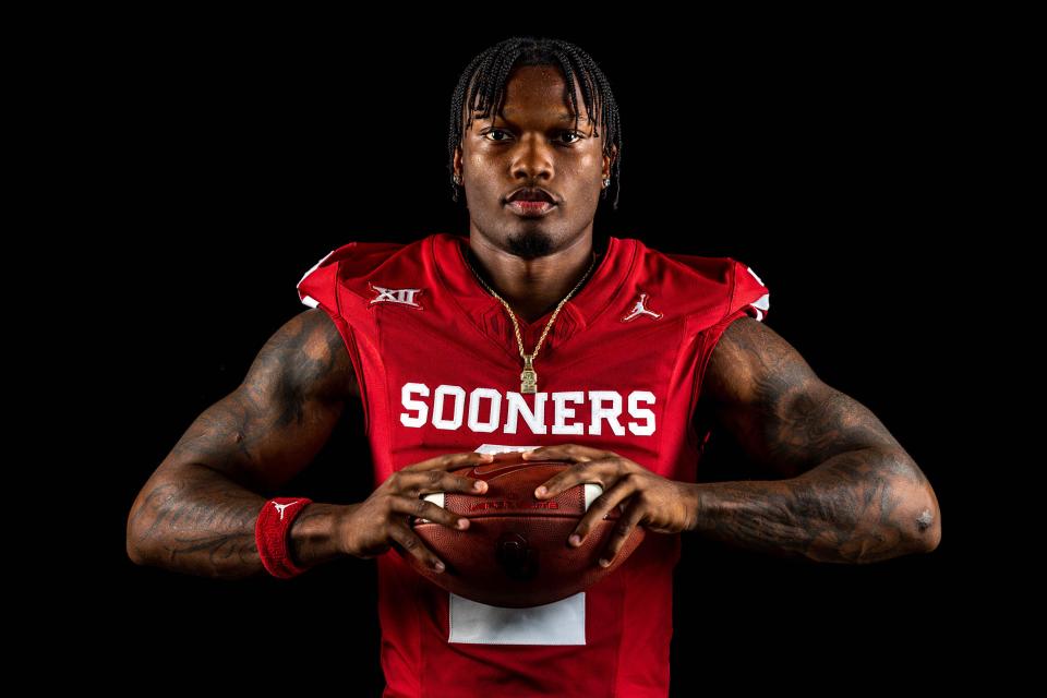 Oklahoma’s Jovantae Barnes (2) is pictured at OU media day in Norman, Okla., on Tuesday, Aug. 1, 2023.