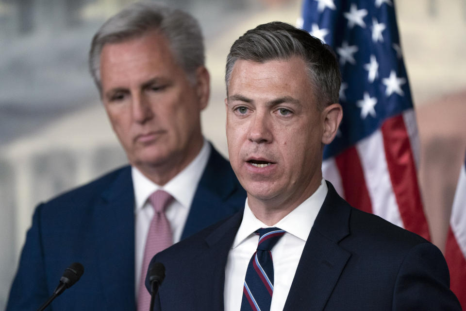 FILE - Rep. Jim Banks, R-Ind., right, speaks as House Minority Leader Kevin McCarthy of Calif., listens during a news conference on the House Jan. 6 Committee, on June 9, 2022, on Capitol Hill in Washington. (AP Photo/Jacquelyn Martin, File)