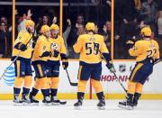 Nov 20, 2017; Nashville, TN, USA; Nashville Predators center Kyle Turris (8) celebrates with teammates after a goal during the second period against the Winnipeg Jets at Bridgestone Arena. Christopher Hanewinckel-USA TODAY Sports