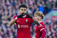 Liverpool's Luis Diaz celebrates after scoring his side's second goal during the English Premier League soccer match between Liverpool and Burnley, at Anfield stadium in Liverpool, England, Saturday, Feb. 10, 2024. (AP Photo/Jon Super)