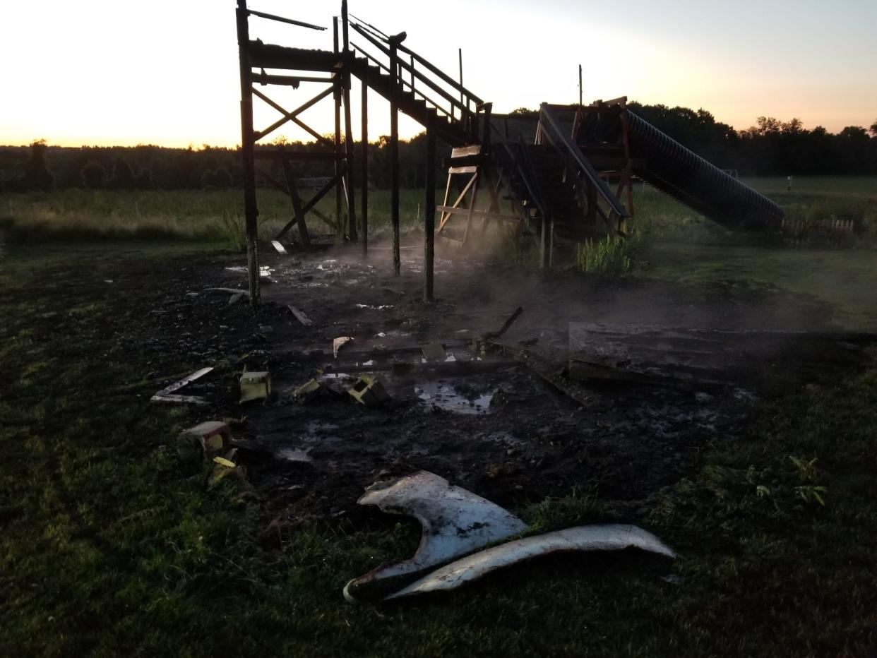 A look at the damage after a fire at the Mega Maze at Davis Farmland in Sterling