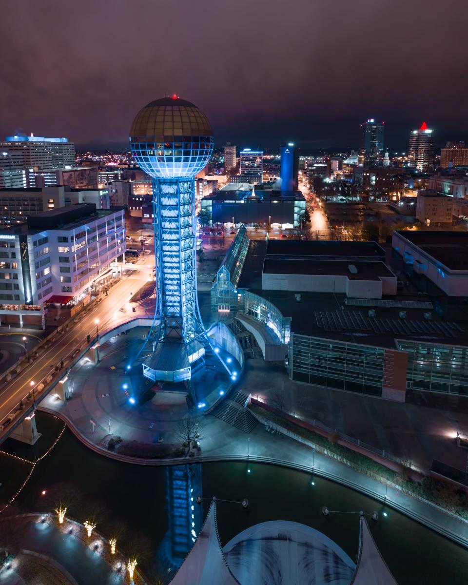 The Sunsphere and other structures in downtown Knoxville turn blue Dec. 9, 2018. The special lighting was part of the East Tennessee Children's Hospital "Shine Your Light" program, which aimed to remind people of children in the hospital during the holiday season.