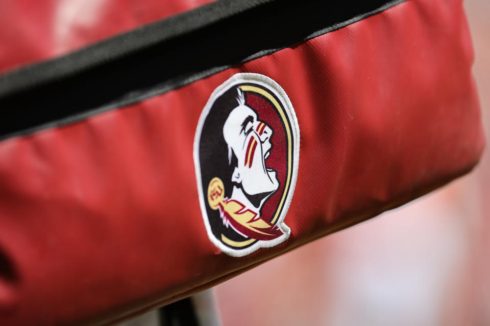 CLEMSON, SOUTH CAROLINA - SEPTEMBER 23: The Florida State Seminoles logo is shown on an equipment bag at Memorial Stadium on September 23, 2023 in Clemson, South Carolina. (Photo by Isaiah Vazquez/Getty Images)