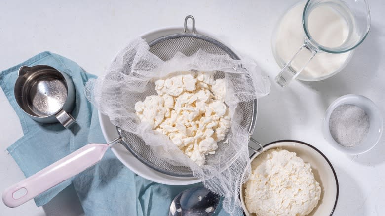 Cheesecloth draining cottage cheese