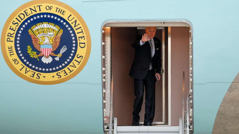 PHOTO: President Joe Biden waves as he boards Air Force One at Andrews Air Force Base, Md., Tuesday, Oct. 17, 2023, en route to Israel. (AP Photo/Jess Rapfogel) (Jess Rapfogel/AP)