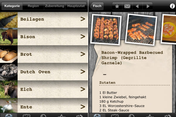 Für Männer mit Geschmack: Von Beilagen über Marinaden bis zu ausgefallenen Fleisch-Gerichten – in der „Grillrezepte“-App findet man über 5.000 leckere Rezepte aus aller Welt. Da gibt’s selbst für Profi-Brutzler neue Gaumenfreuden zu entdecken. (Bilder: Apple.com/Elmar Hoer)