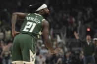 Milwaukee Bucks' Patrick Beverley reacts after making a shot and being fouled during the first half of Game 5 of the NBA playoff basketball series Tuesday, April 30, 2024, in Milwaukee. (AP Photo/Morry Gash)