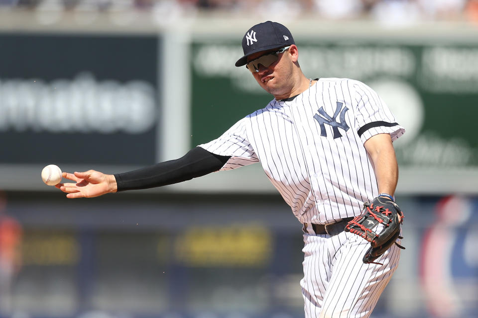 NEW YORK, NEW YORK - AUGUST 12: Breyvic Valera #70 of the New York Yankees in action against the Baltimore Orioles at Yankee Stadium on August 12, 2019 in New York City. New York Yankees defeated the Baltimore Orioles 8-5. (Photo by Mike Stobe/Getty Images)