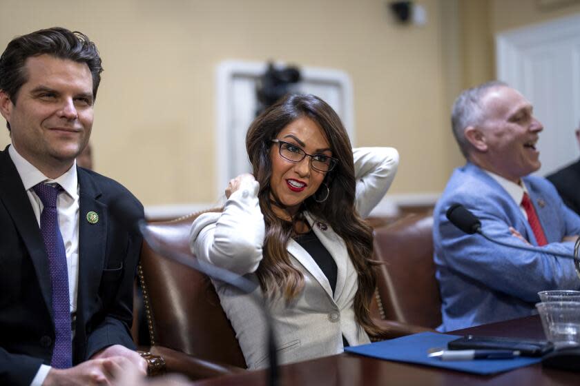 From left, Rep. Matt Gaetz, R-Fla., Rep. Lauren Boebert, R-Colo., and Rep. Scott Perry, R-Pa., propose amendments to the Department of Homeland Security Appropriations Bill before the House Rules Committee, at the Capitol in Washington, Friday, Sept. 22, 2023. (AP Photo/J. Scott Applewhite)