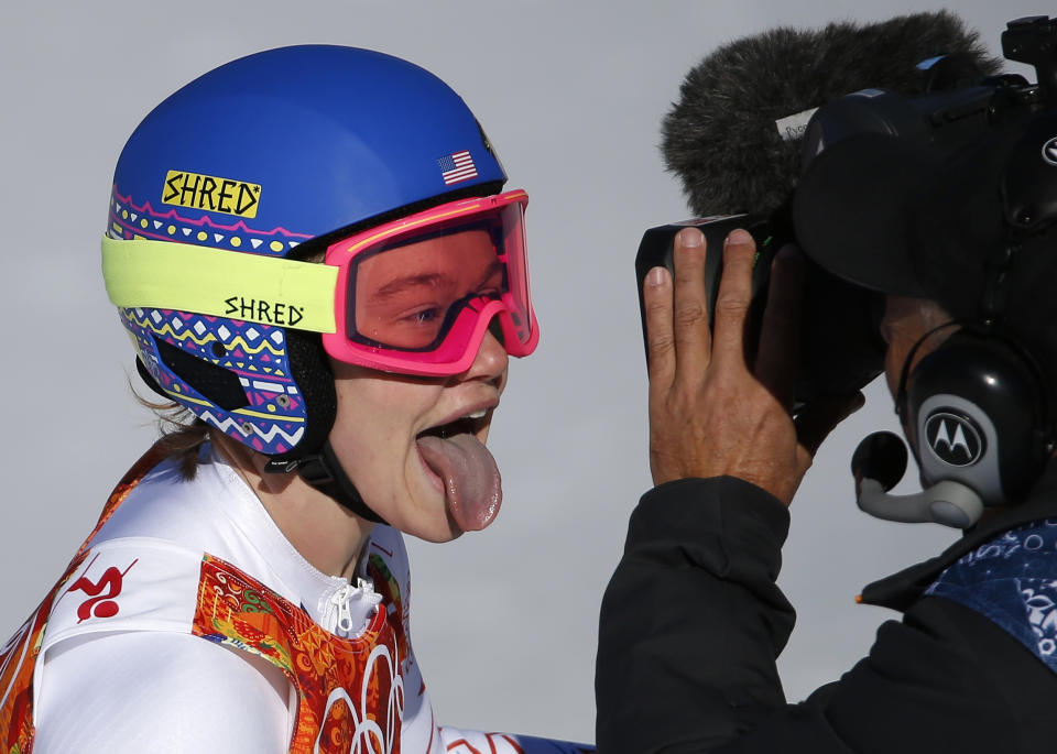 Laurenne Ross of the U.S. reacts in front of a camera after the women's alpine skiing downhill event at the Sochi 2014 Winter Olympics at the Rosa Khutor Alpine Center February 12, 2014. REUTERS/Leonhard Foeger (RUSSIA - Tags: SPORT OLYMPICS SKIING TPX IMAGES OF THE DAY) ATTENTION EDITORS: PICTURE 05 OF 25 FOR PACKAGE 'SOCHI - EDITOR'S CHOICE' TO FIND ALL SEARCH 'EDITOR'S CHOICE - 12 FEBRUARY 2014'