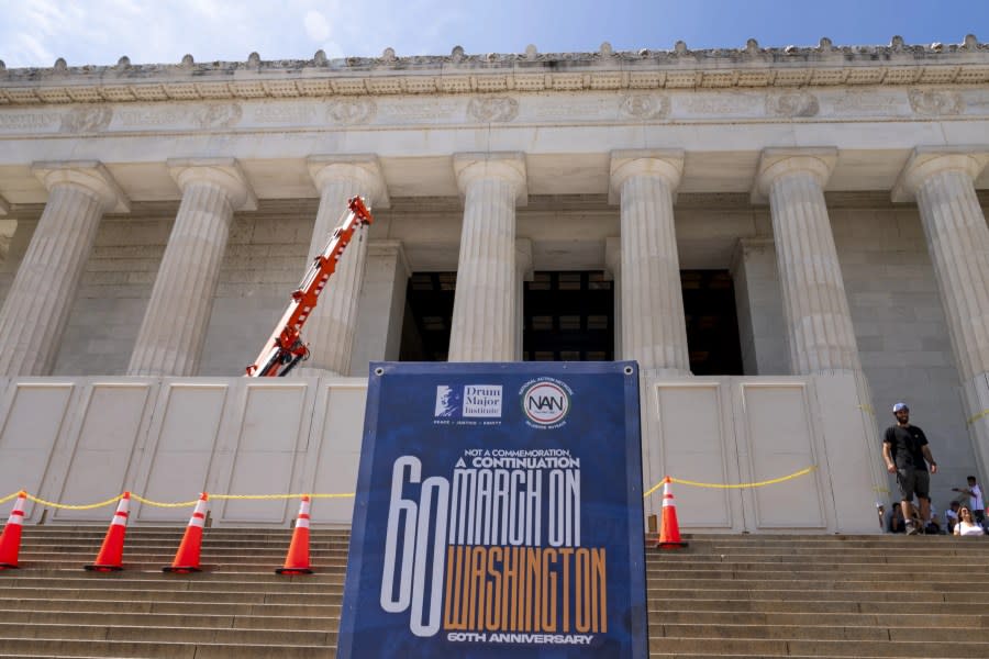 Preparations continue a day before the 60th anniversary of the March on Washington where Martin Luther King, Jr., gave his “I Have a Dream” speech at the Lincoln Memorial in Washington, Friday, Aug. 25, 2023. (AP Photo/Andrew Harnik)